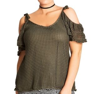Green Cold Shoulder Crocheted Top